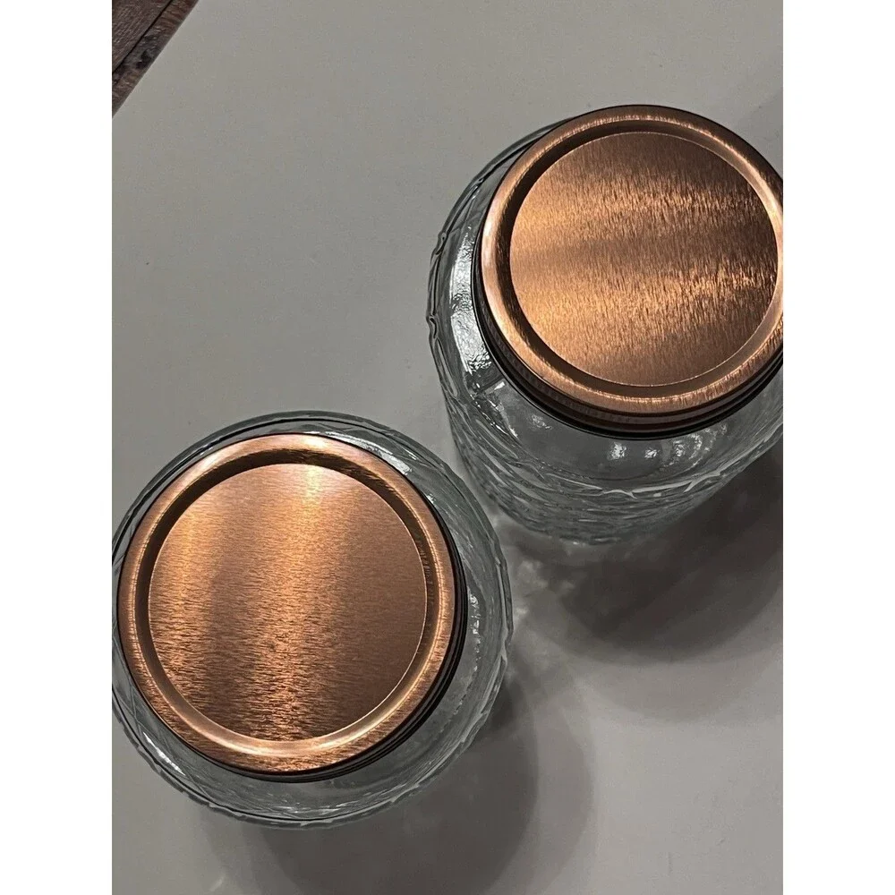 2) Decorative Glass Jar Copper Lid Lattice Diamond Pattern Storage Container NEW